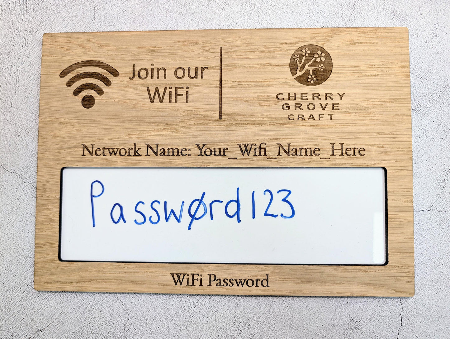WiFi Password Sign | Oak Veneer | A4 Landscape | Wipeable Panel