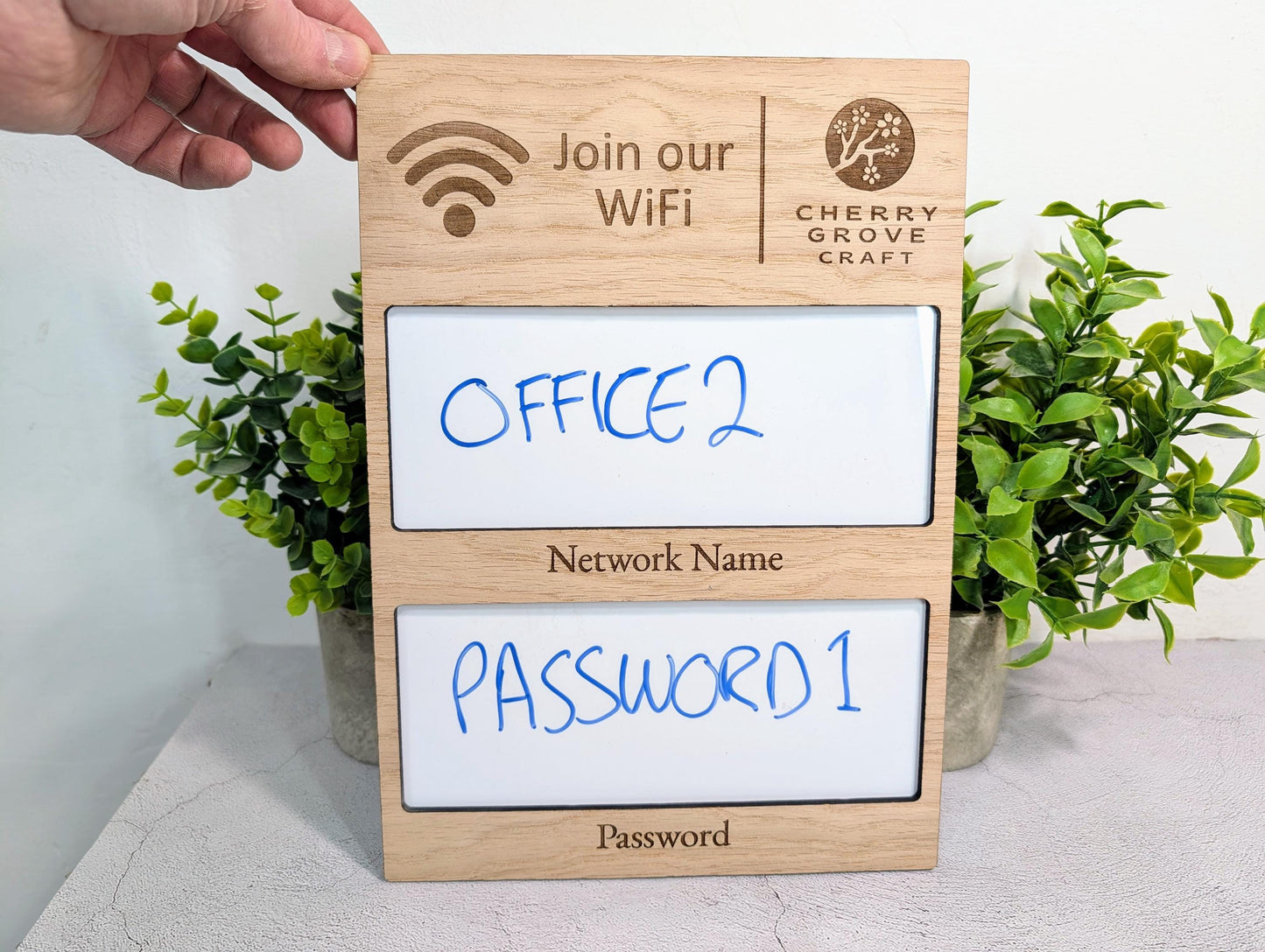 WiFi Sign with Whiteboard | Oak | Reusable Password Display | Add Your Logo