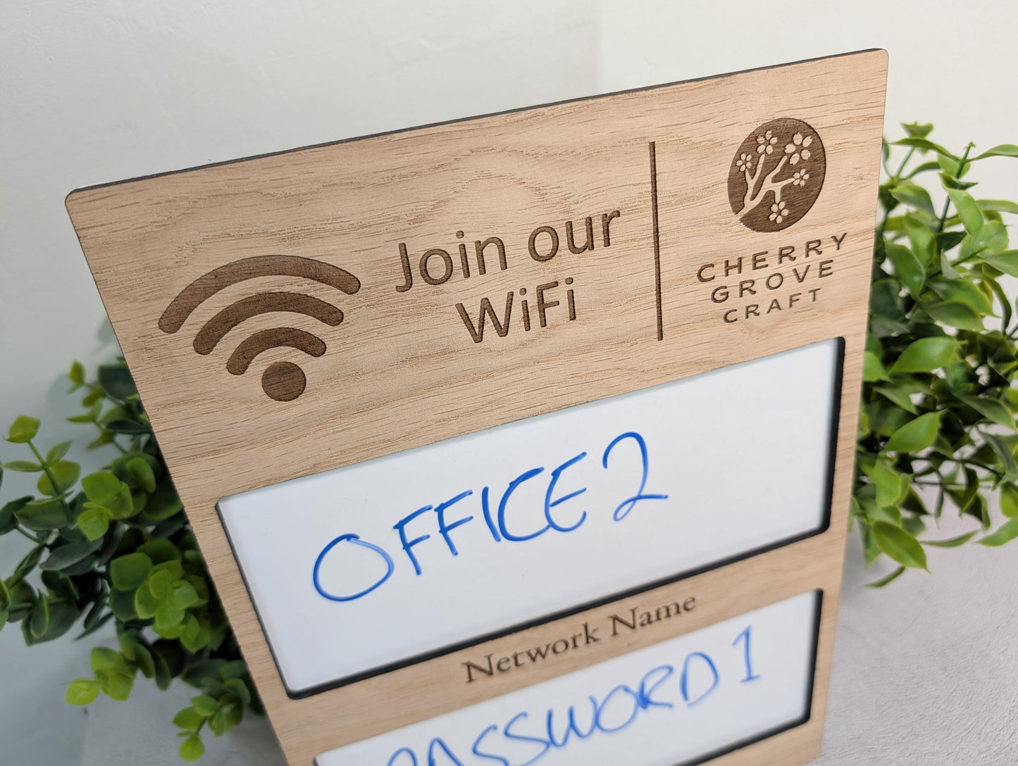 WiFi Sign with Whiteboard | Oak | Reusable Password Display | Add Your Logo