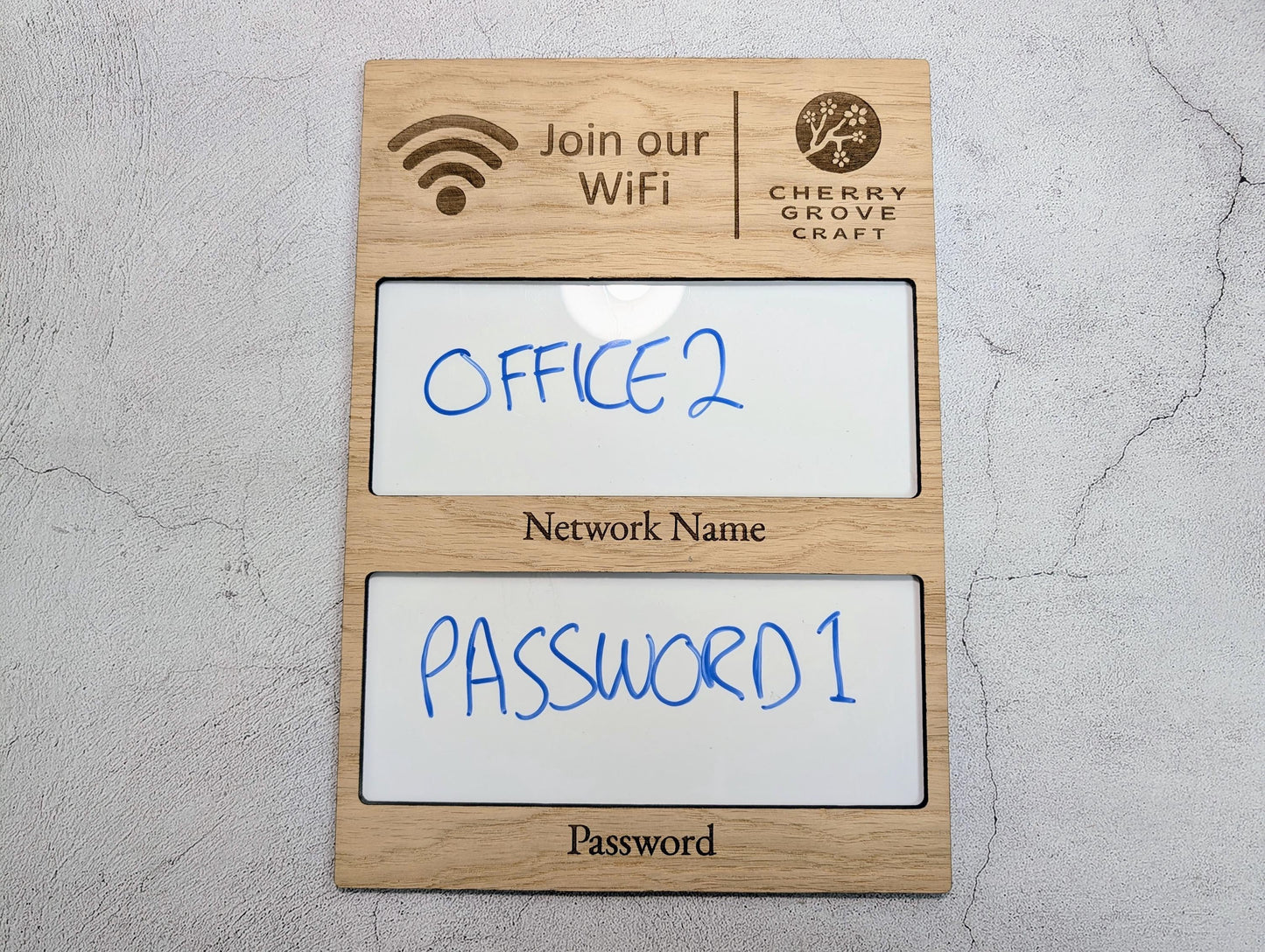 WiFi Sign with Whiteboard | Oak | Reusable Password Display | Add Your Logo