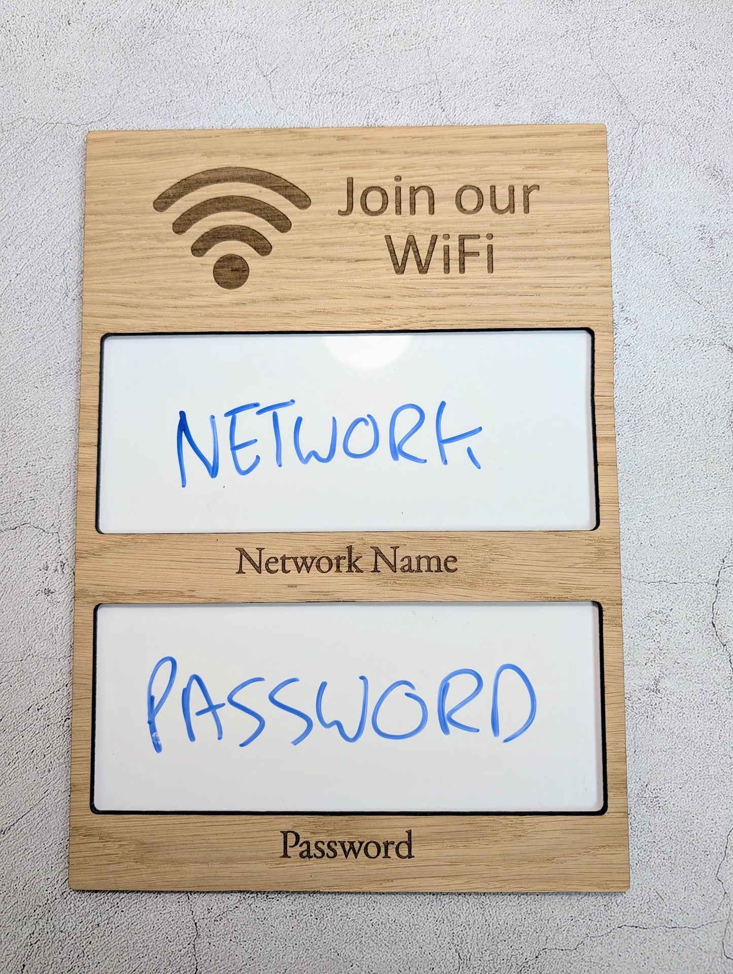 WiFi Sign with Whiteboard | Oak | No Logo | Reusable Password Display