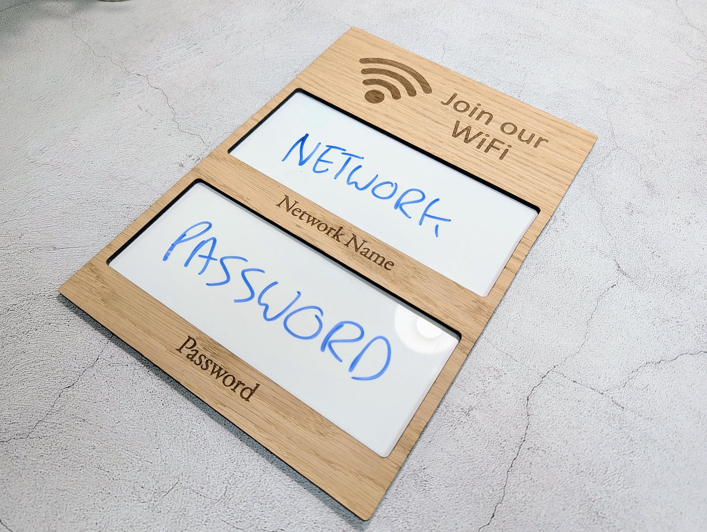 WiFi Sign with Whiteboard | Oak | No Logo | Reusable Password Display