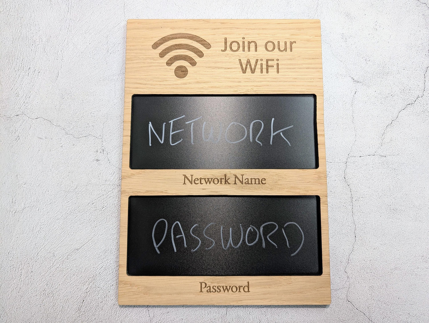 WiFi Sign with Blackboard | Oak | No Logo | Reusable Chalk Password Display