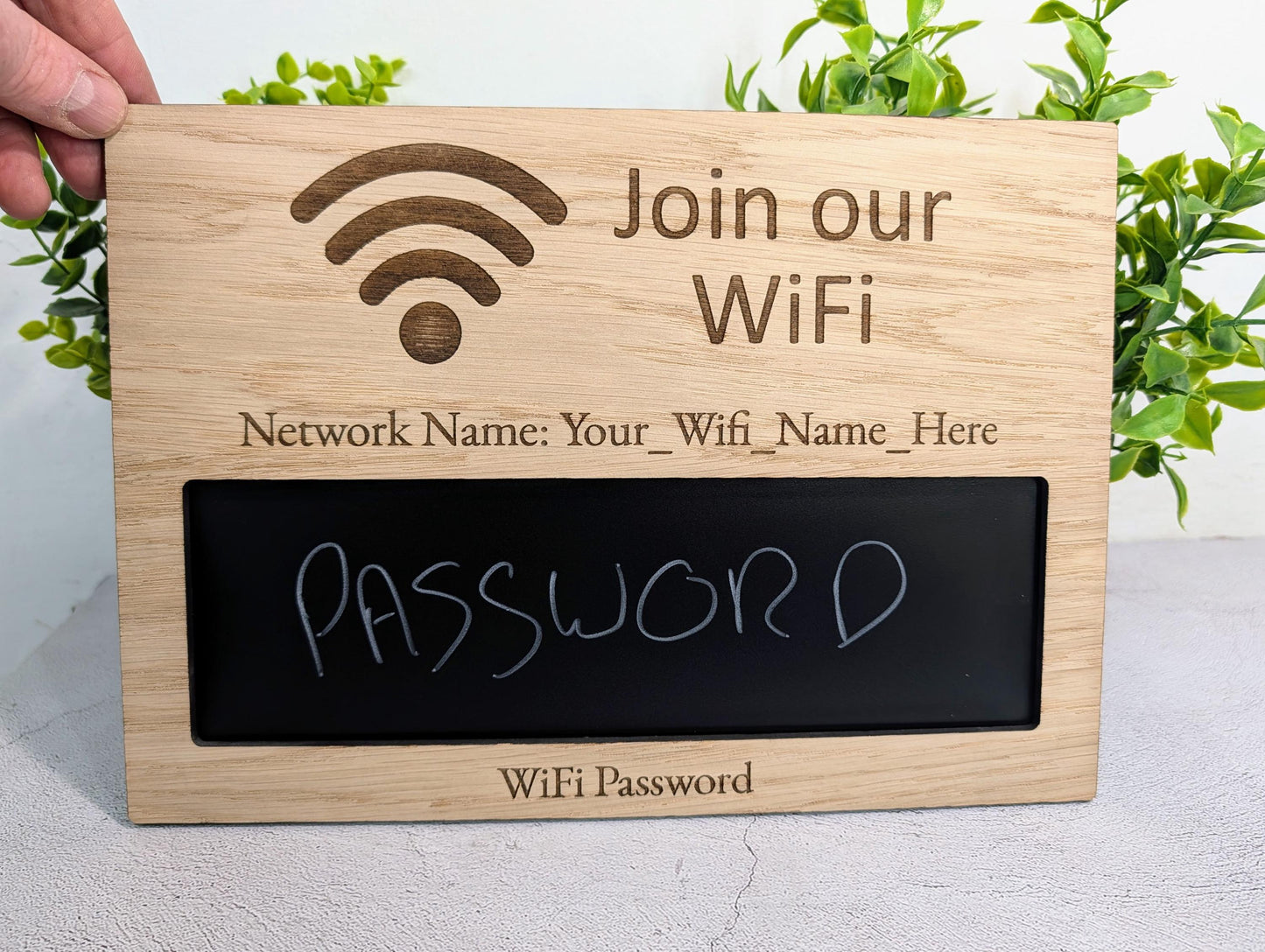 WiFi Password Sign | Oak & Chalkboard | A4 Landscape | Engraved