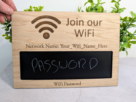 WiFi Password Sign | Oak & Chalkboard | A4 Landscape | Engraved