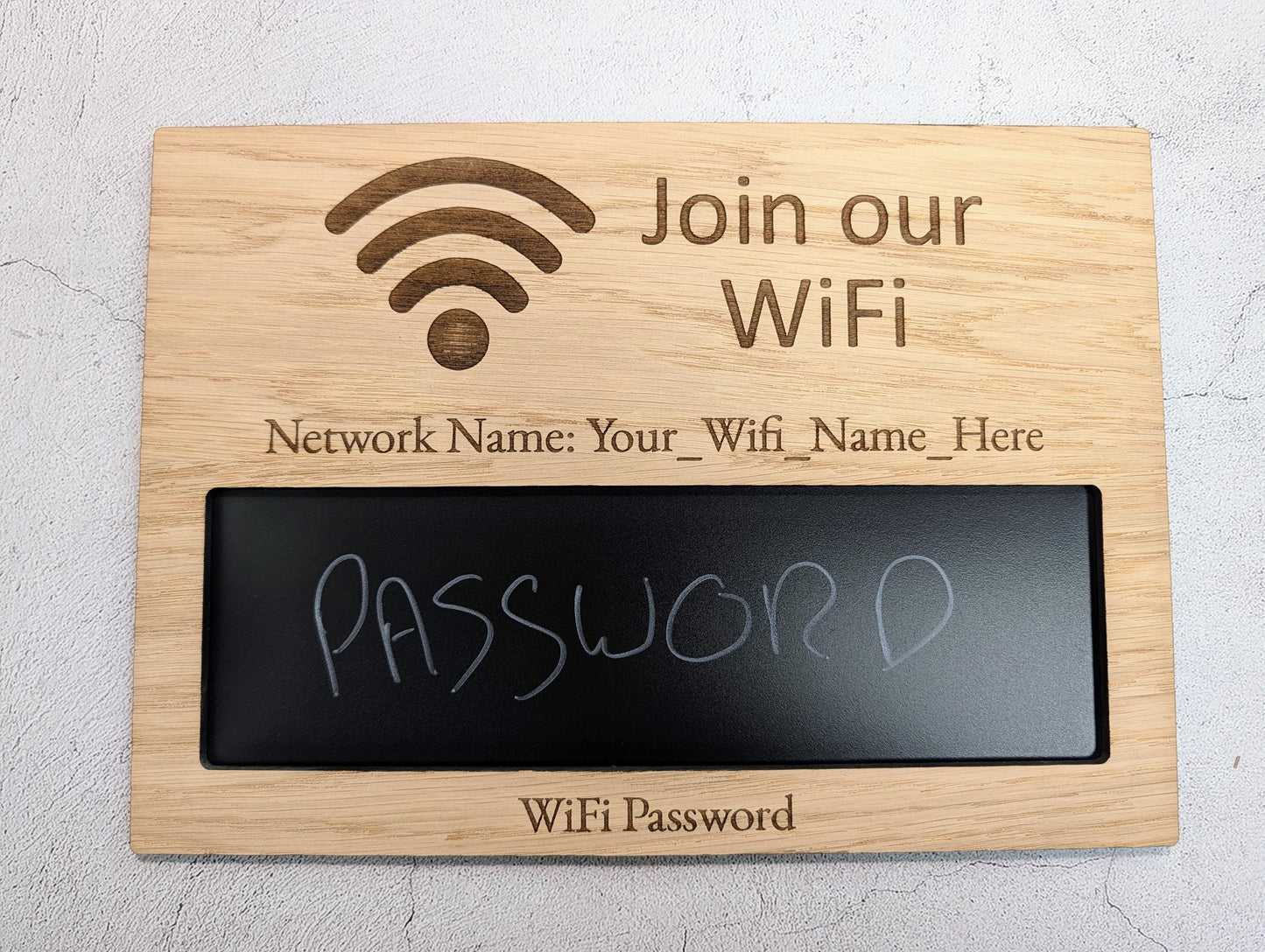 WiFi Password Sign | Oak & Chalkboard | A4 Landscape | Engraved