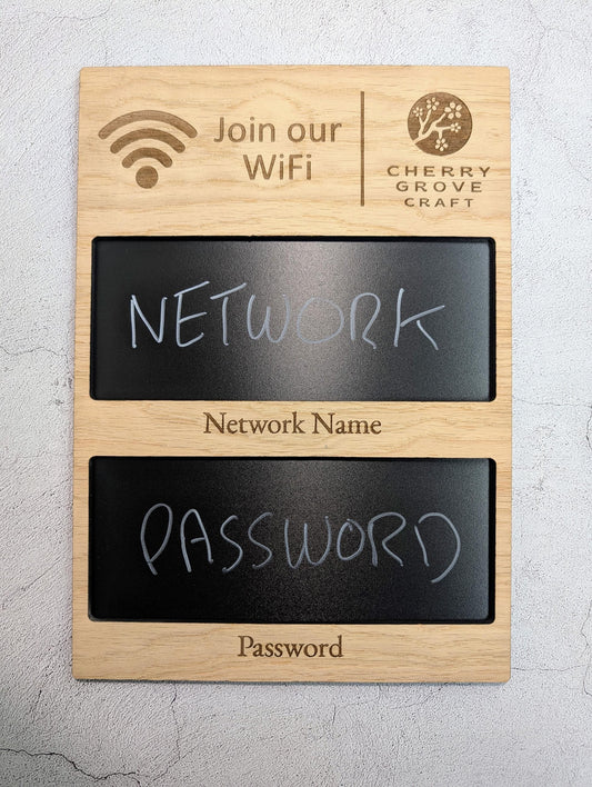 WiFi Sign with Blackboard | Oak | Reusable Password Display | Add Your Logo