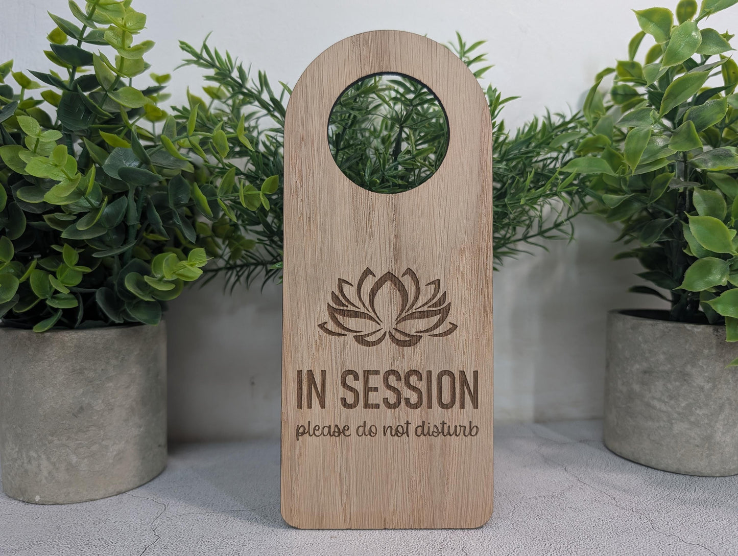 In Session oak door hanger, single-sided, 203 x 89mm