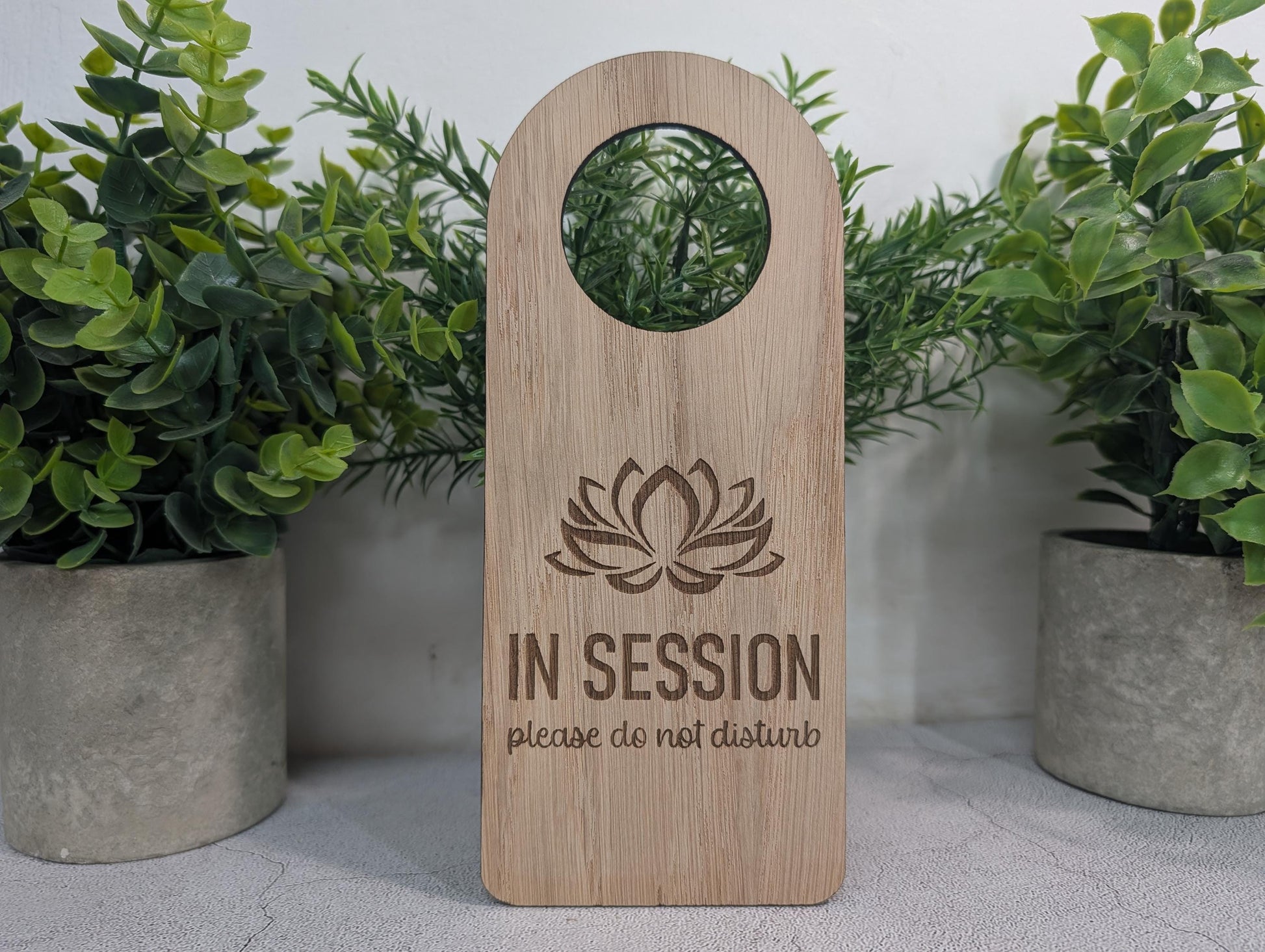 In Session oak door hanger, single-sided, 203 x 89mm