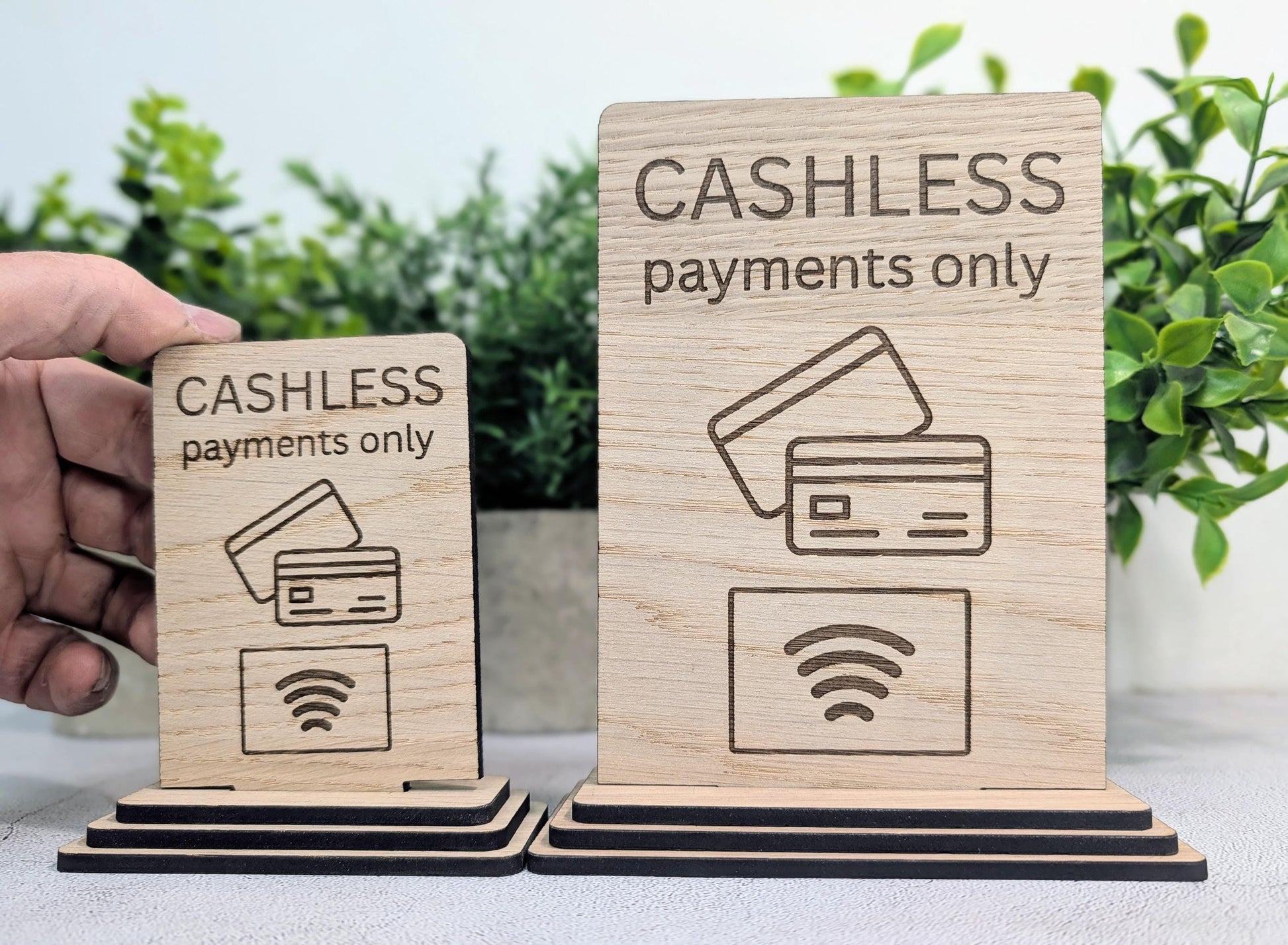 Cashless payments sign large size with framed icon design, double sided, oak veneered MDF
