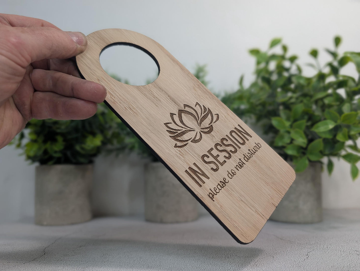 In Session door hanger for counselling and private practice rooms, oak veneer, hanging on door handle