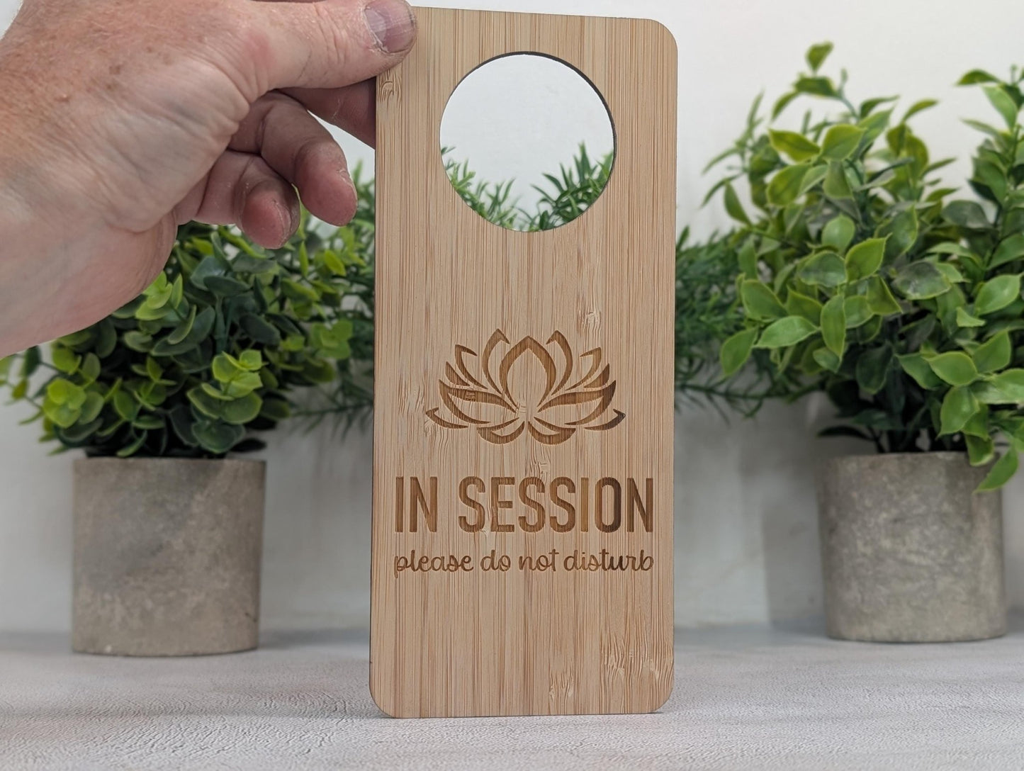 In Session Please Do Not Disturb bamboo door hanger with lotus flower design — 203x89mm, laser-engraved