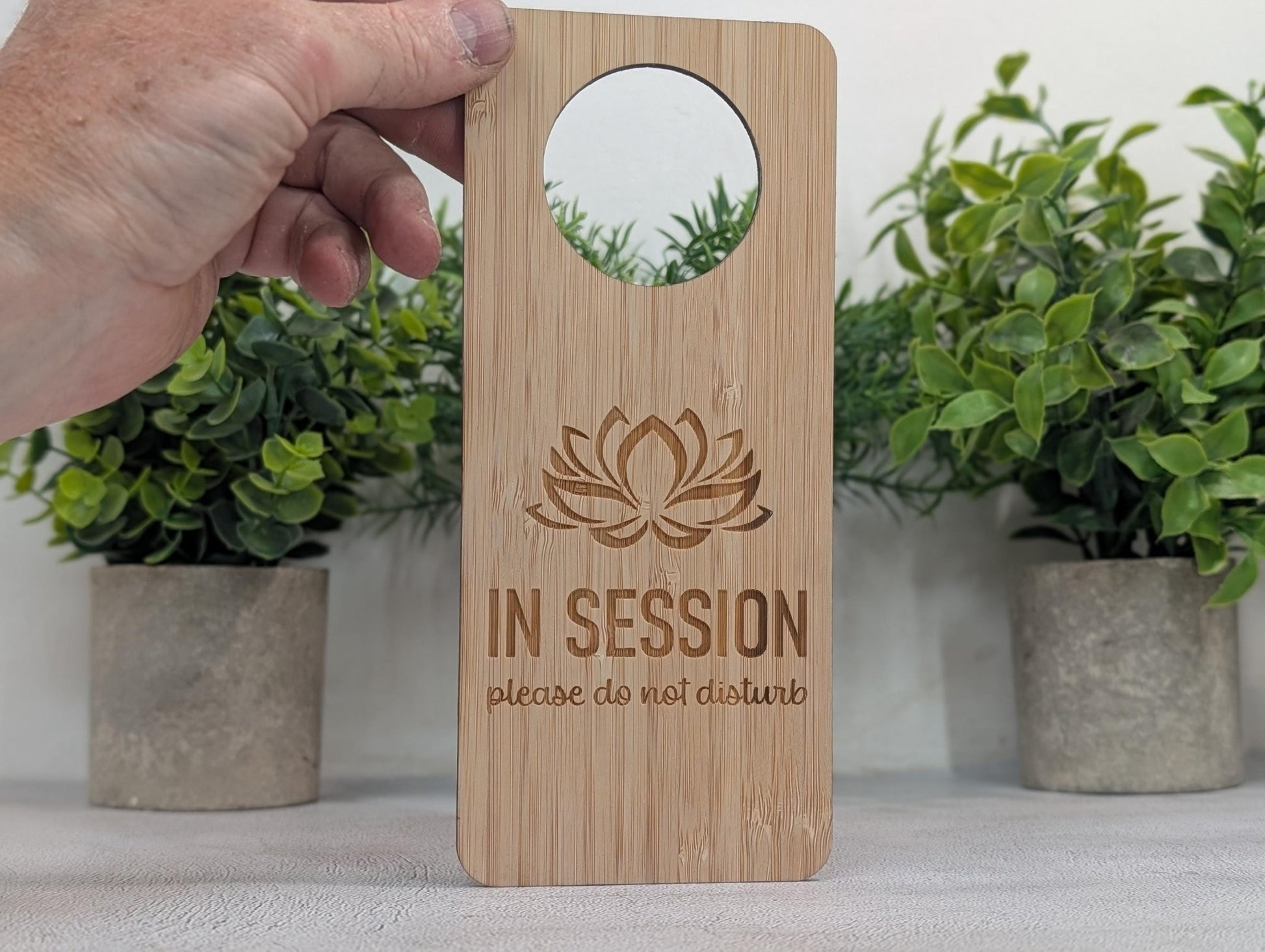In Session Please Do Not Disturb bamboo door hanger with lotus flower design — 203x89mm, laser-engraved