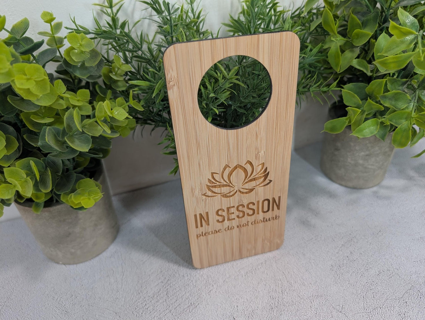 In Session bamboo door hanger dimensions — 203mm tall x 89mm wide with 51mm handle hole