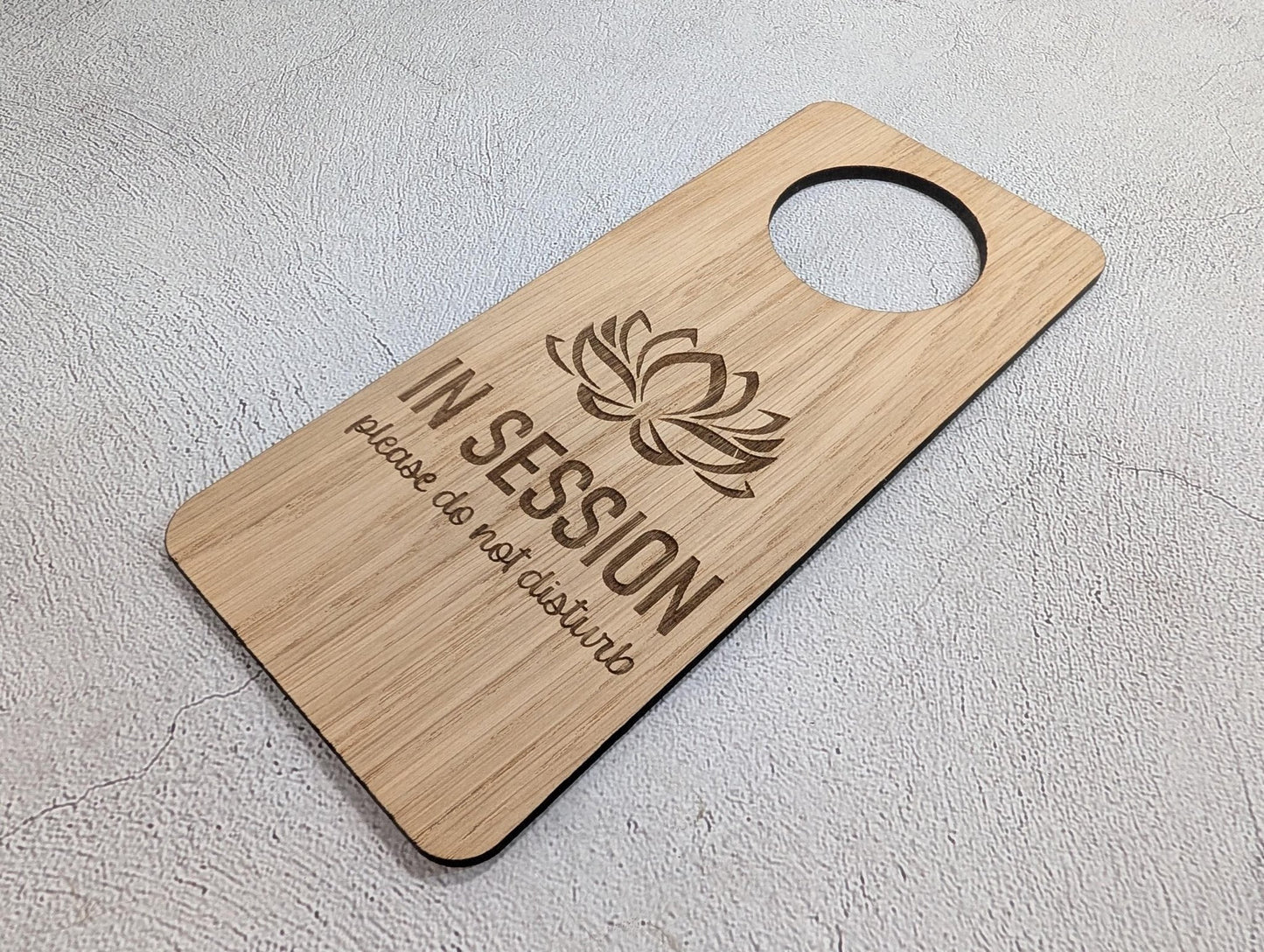 In Session oak door hanger dimensions — 203mm tall x 89mm wide with 51mm handle hole