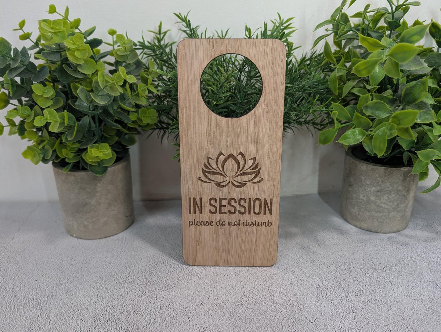 In Session Do Not Disturb oak door hanger — reverse side, showing plain oak veneer finish