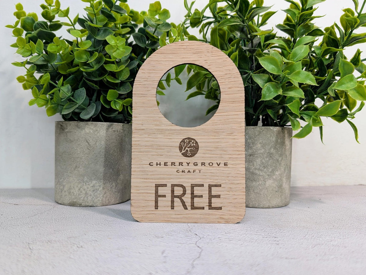 Double-sided In Use / Free door hanger with logo, 51mm handle hole