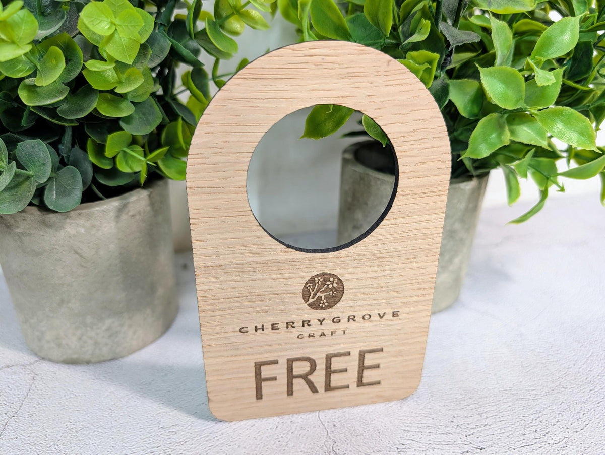 In Use / Free door hanger with engraved business logo — oak, 89x144mm