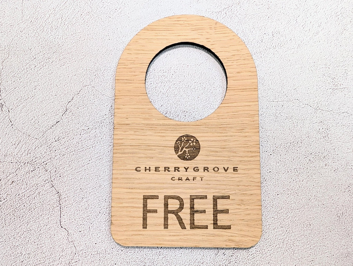 In Use / Free door hanger — logo engraved above wording, oak veneered MDF