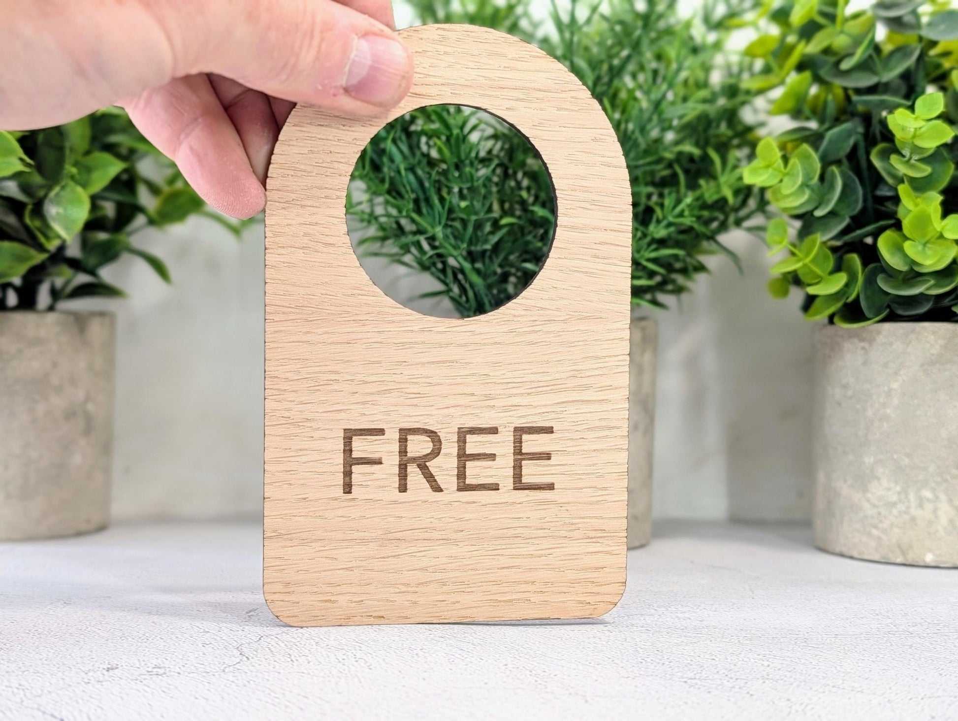In Use / Free - Door Hanger – Double - Sided Oak Veneered Sign, Slip - Over Handle, Eco Friendly Wood, Made in Wales, Plastic - Free Packaging - CherryGroveCraft