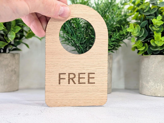 In Use / Free - Door Hanger – Double - Sided Oak Veneered Sign, Slip - Over Handle, Eco Friendly Wood, Made in Wales, Plastic - Free Packaging - CherryGroveCraft