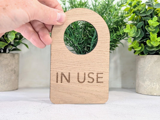 In Use / Free - Door Hanger – Double - Sided Oak Veneered Sign, Slip - Over Handle, Eco Friendly Wood, Made in Wales, Plastic - Free Packaging - CherryGroveCraft