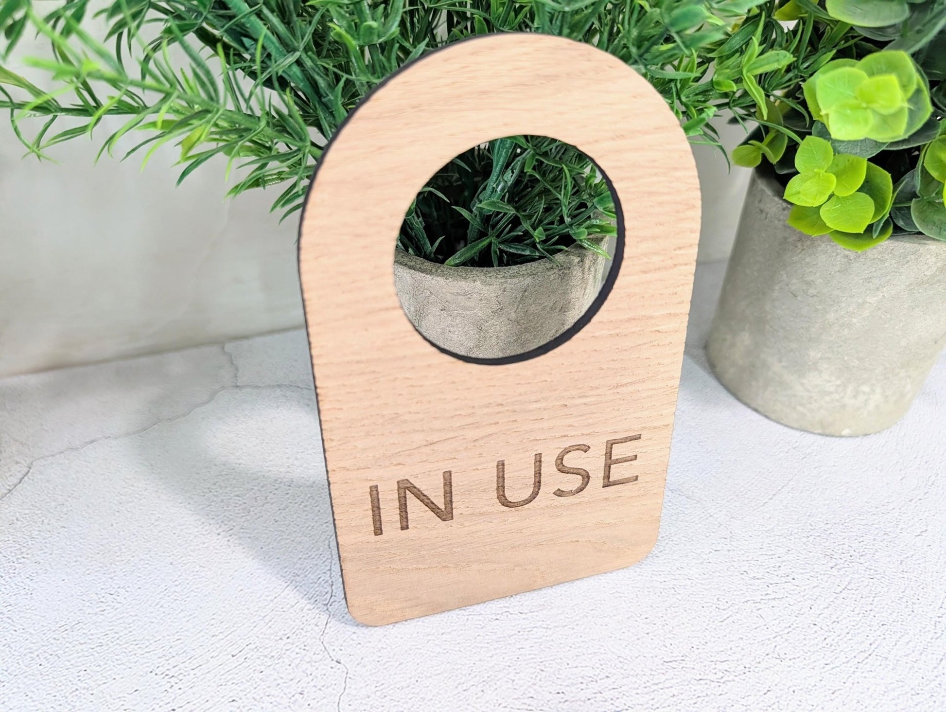In Use / Free - Door Hanger – Double - Sided Oak Veneered Sign, Slip - Over Handle, Eco Friendly Wood, Made in Wales, Plastic - Free Packaging - CherryGroveCraft