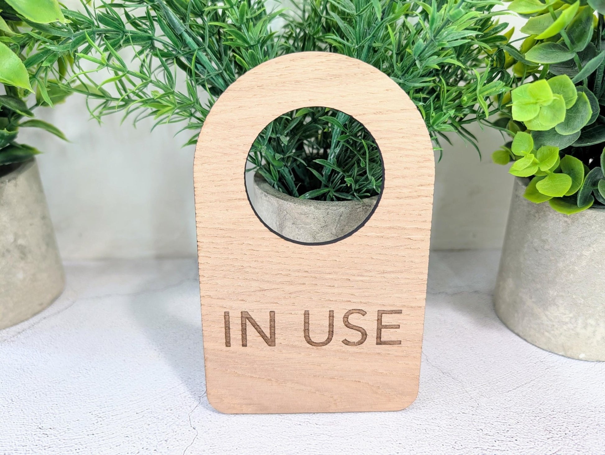 In Use / Free - Door Hanger – Double - Sided Oak Veneered Sign, Slip - Over Handle, Eco Friendly Wood, Made in Wales, Plastic - Free Packaging - CherryGroveCraft