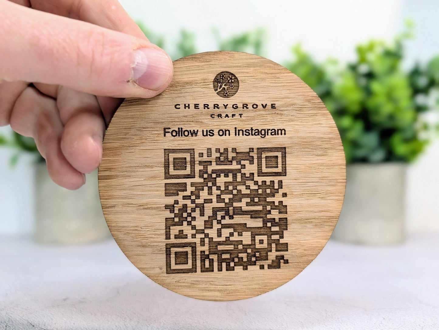 Instagram QR Code Coaster – Custom Oak Veneer Engraved QR Coaster, Social Media Display, Handmade Business Promo Sign, Eco - Friendly Branding - CherryGroveCraft