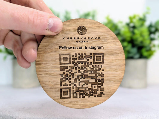 Instagram QR Code Coaster – Custom Oak Veneer Engraved QR Coaster, Social Media Display, Handmade Business Promo Sign, Eco - Friendly Branding - CherryGroveCraft