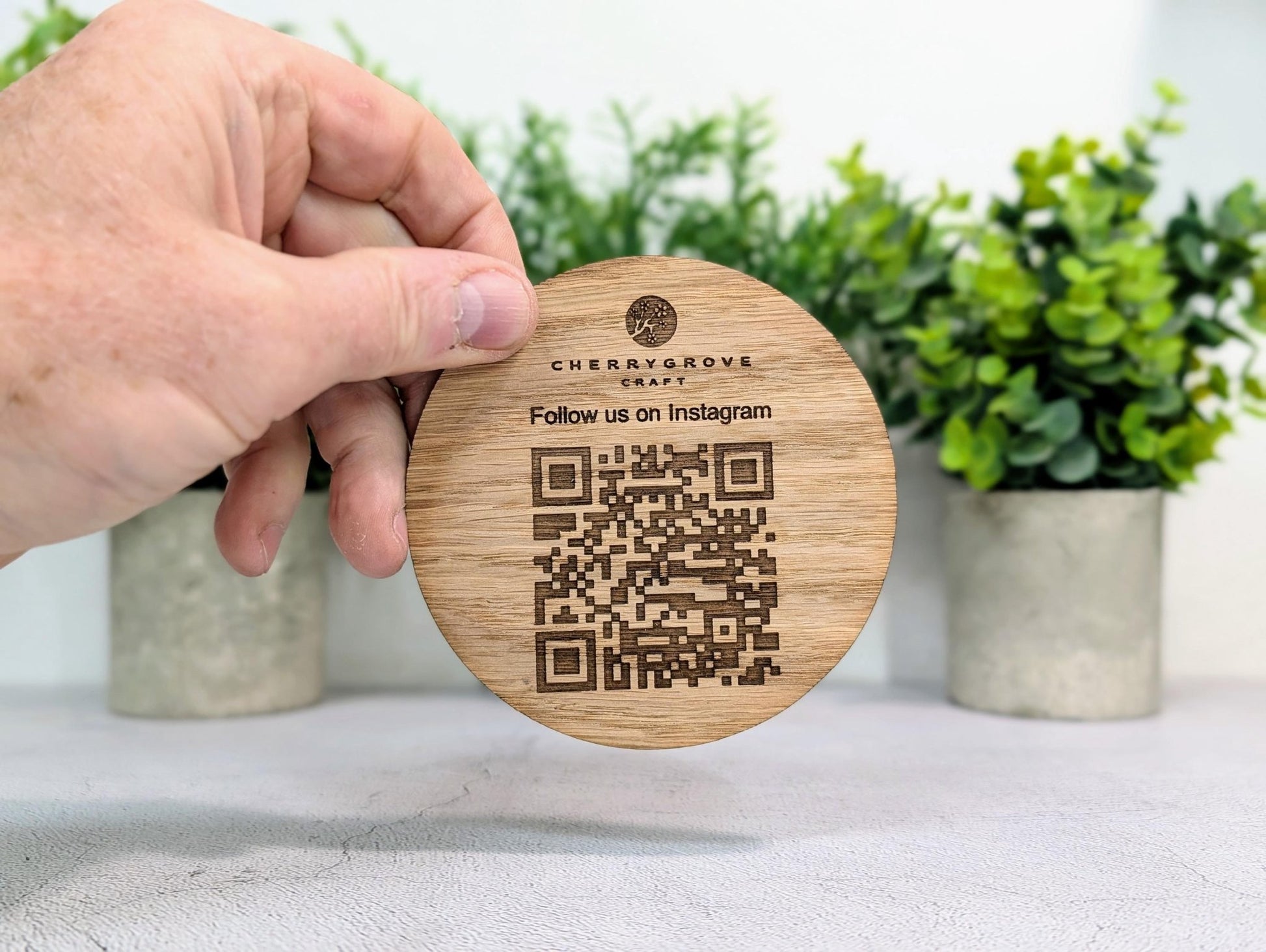 Instagram QR Code Coaster – Custom Oak Veneer Engraved QR Coaster, Social Media Display, Handmade Business Promo Sign, Eco - Friendly Branding - CherryGroveCraft