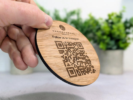 Instagram QR Code Coaster – Custom Oak Veneer Engraved QR Coaster, Social Media Display, Handmade Business Promo Sign, Eco - Friendly Branding - CherryGroveCraft