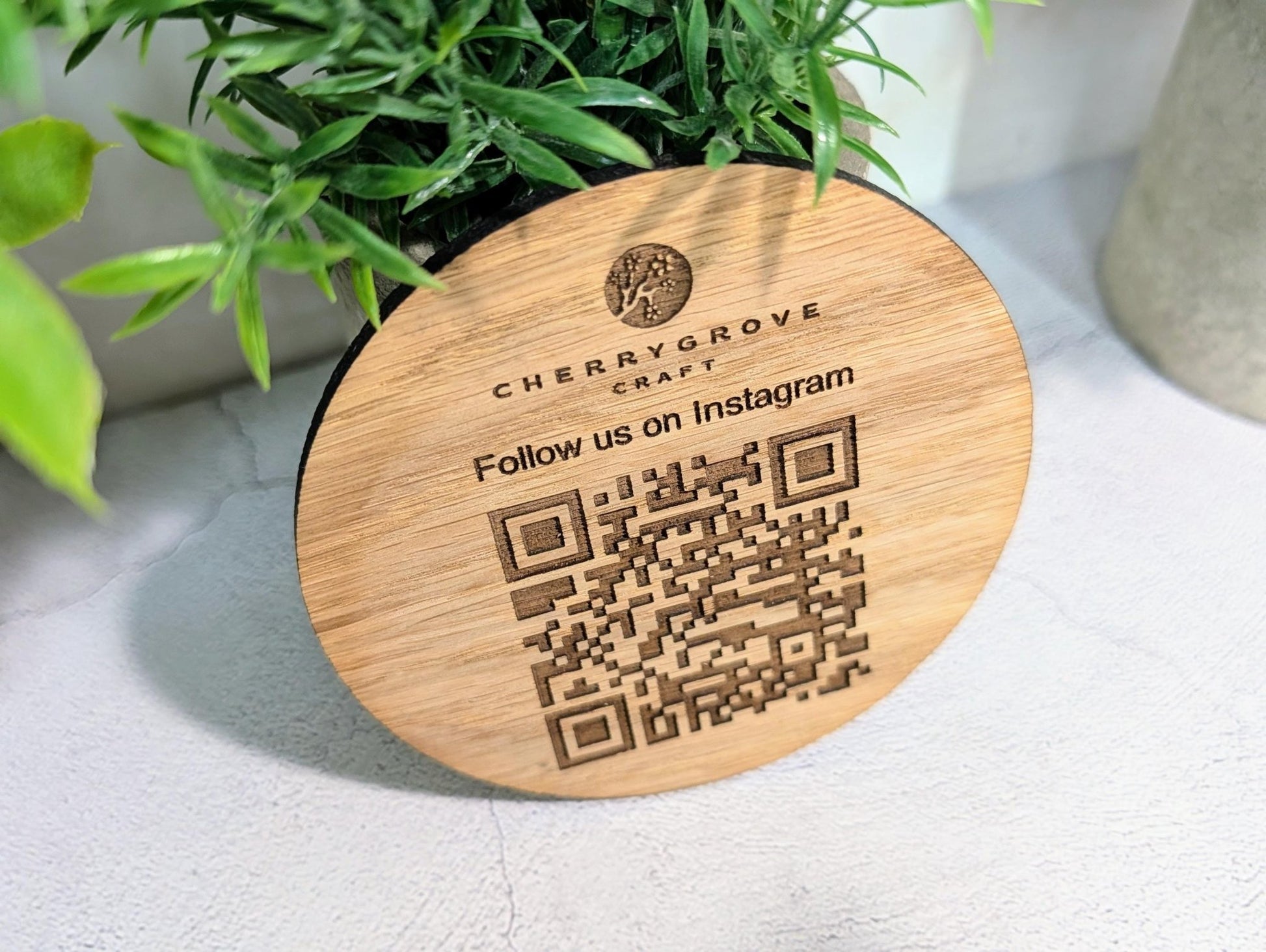 Instagram QR Code Coaster – Custom Oak Veneer Engraved QR Coaster, Social Media Display, Handmade Business Promo Sign, Eco - Friendly Branding - CherryGroveCraft