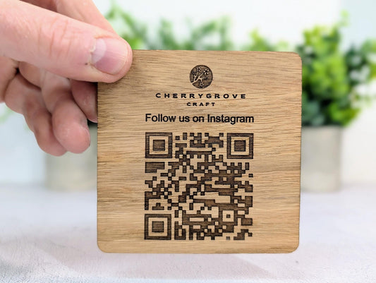 Instagram QR Code Coaster – Custom Oak Veneer Square Coaster, Engraved Social Media QR Display, Danish Oiled Finish, Handmade in Wales - CherryGroveCraft