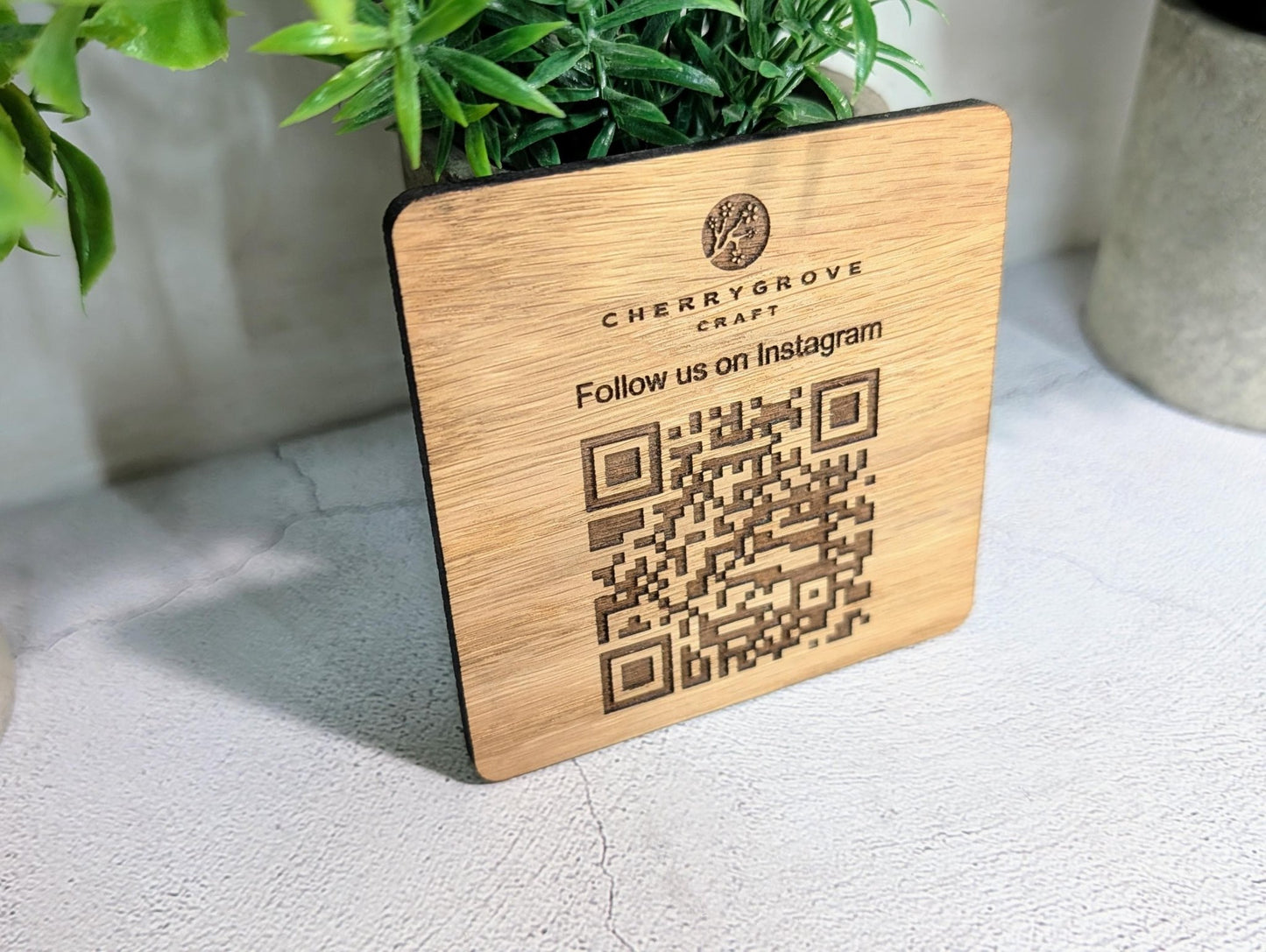 Pack of 10 Instagram QR code oak coasters — branded with business logo, Danish oiled finish