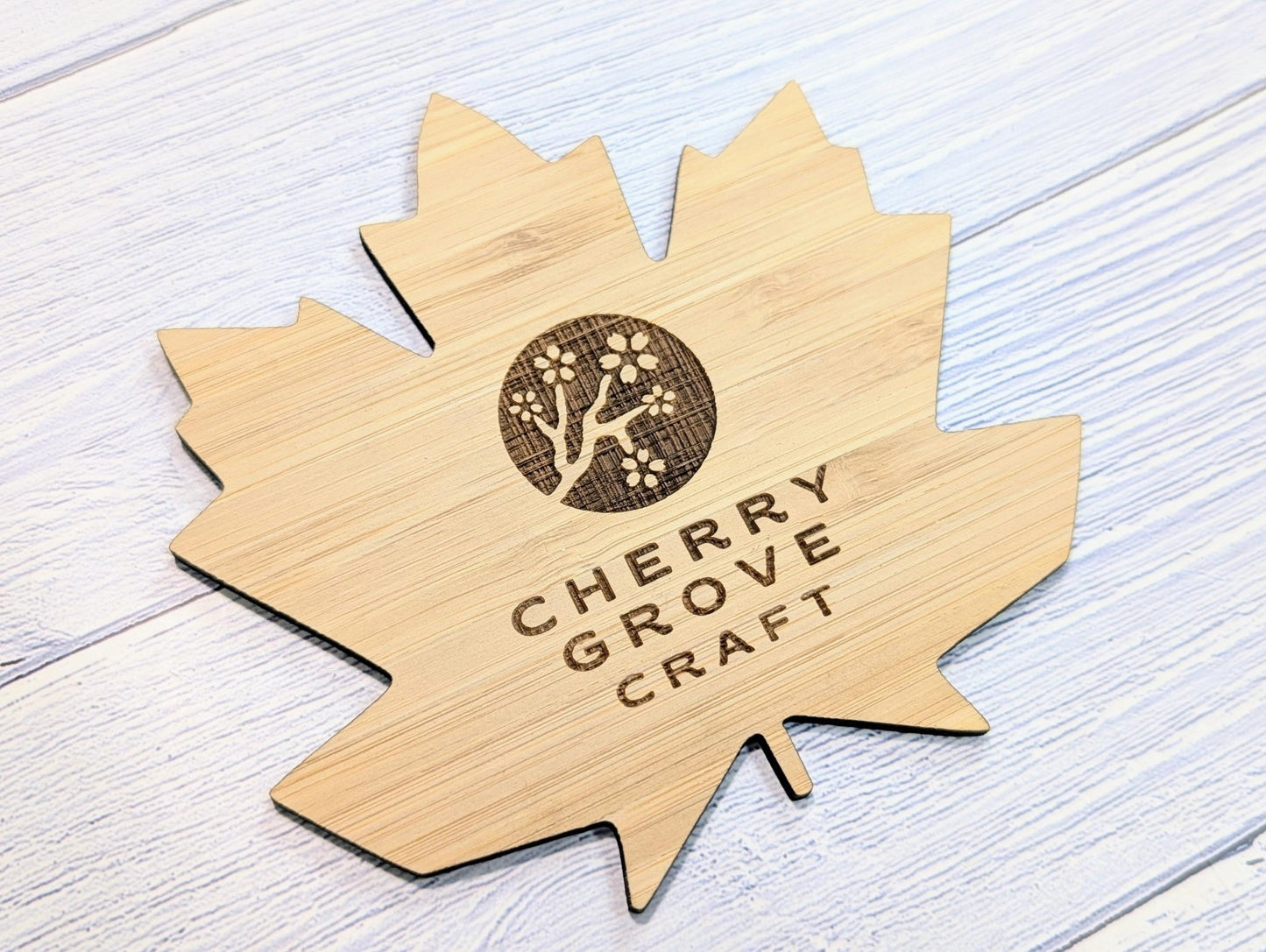 Leaf Shaped Bamboo Logo Coasters - Personalised – Eco - Friendly Gift, Custom Branded – Bespoke Sustainable Craft, 115mm Diameter - CherryGroveCraft