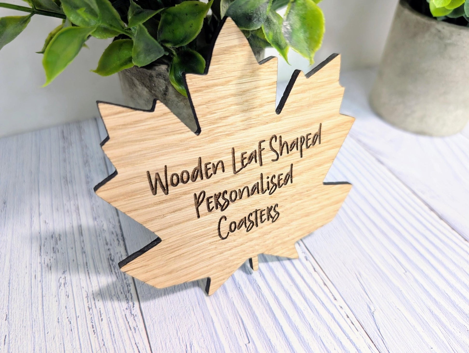 Leaf Shaped Wooden Coasters - Personalised Text – Eco - Friendly Gift, Custom Message – Bespoke Sustainable Craft, 115mm Diameter, Oak Wood - CherryGroveCraft