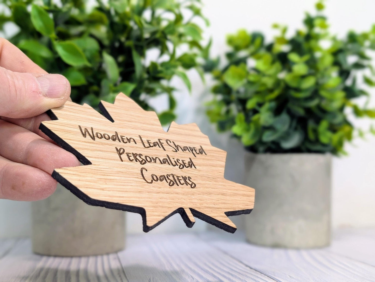 Leaf Shaped Wooden Coasters - Personalised Text – Eco - Friendly Gift, Custom Message – Bespoke Sustainable Craft, 115mm Diameter, Oak Wood - CherryGroveCraft