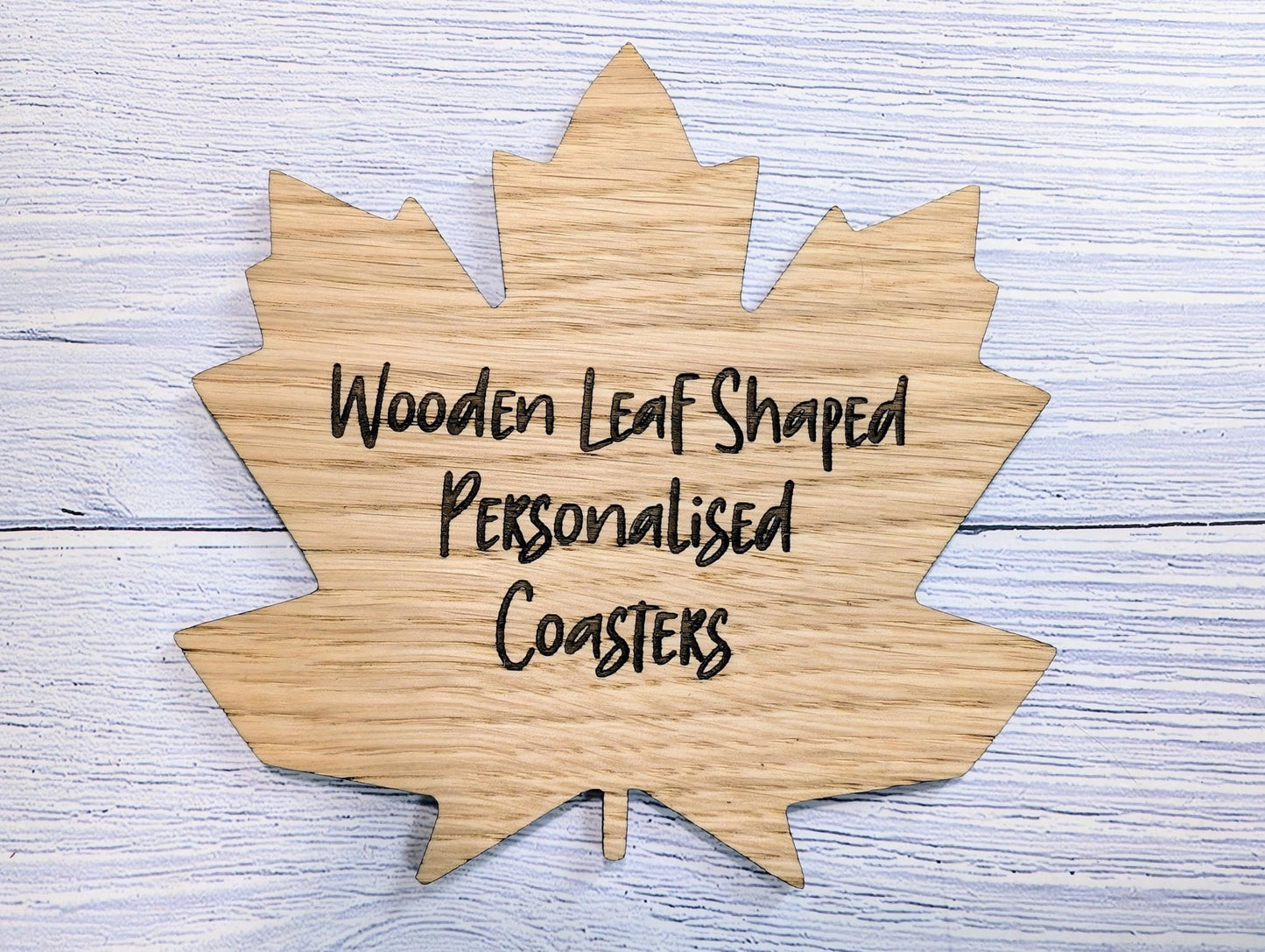 Leaf Shaped Wooden Coasters - Personalised Text – Eco - Friendly Gift, Custom Message – Bespoke Sustainable Craft, 115mm Diameter, Oak Wood - CherryGroveCraft