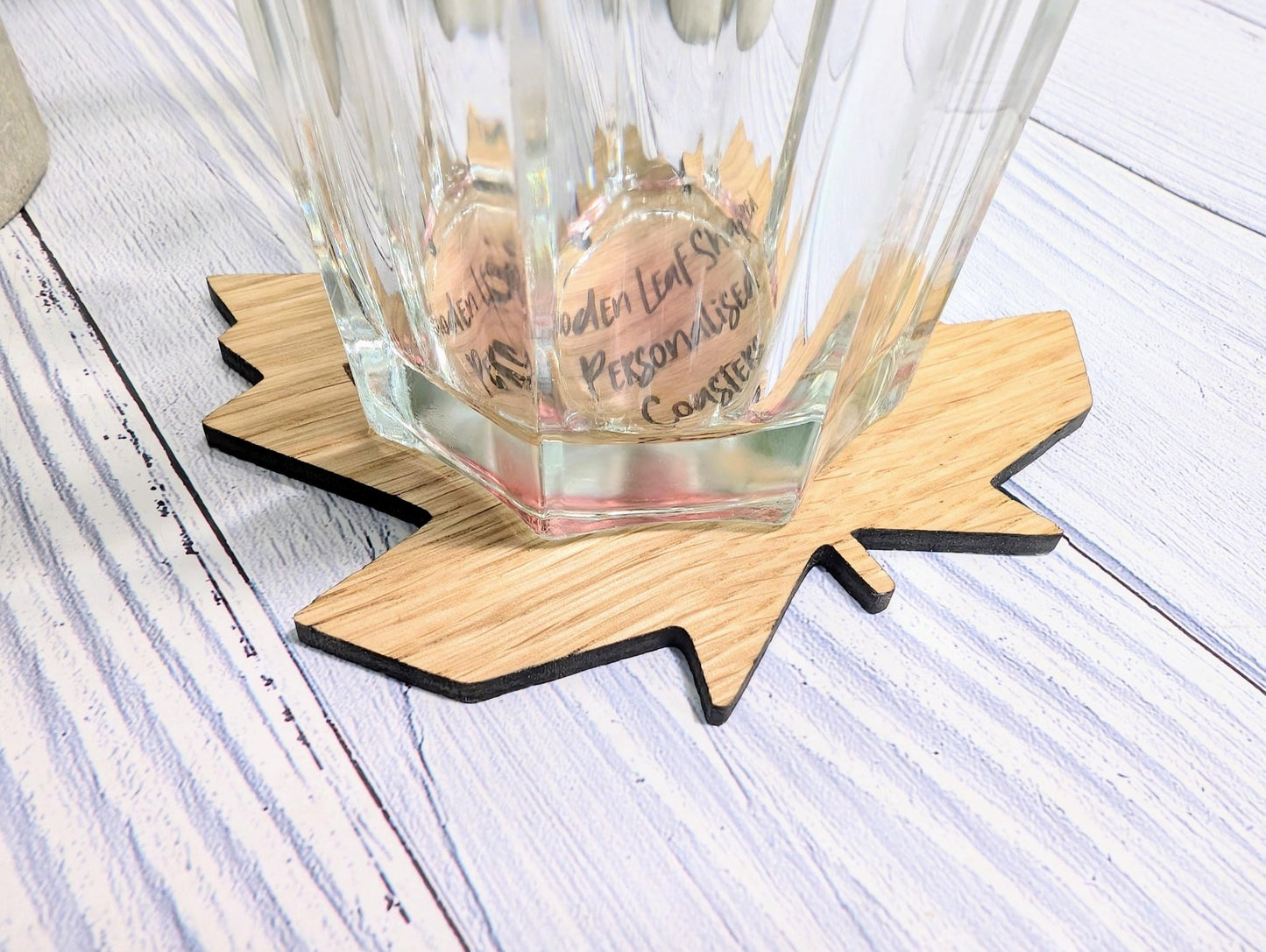 Leaf Shaped Wooden Coasters - Personalised Text – Eco - Friendly Gift, Custom Message – Bespoke Sustainable Craft, 115mm Diameter, Oak Wood - CherryGroveCraft