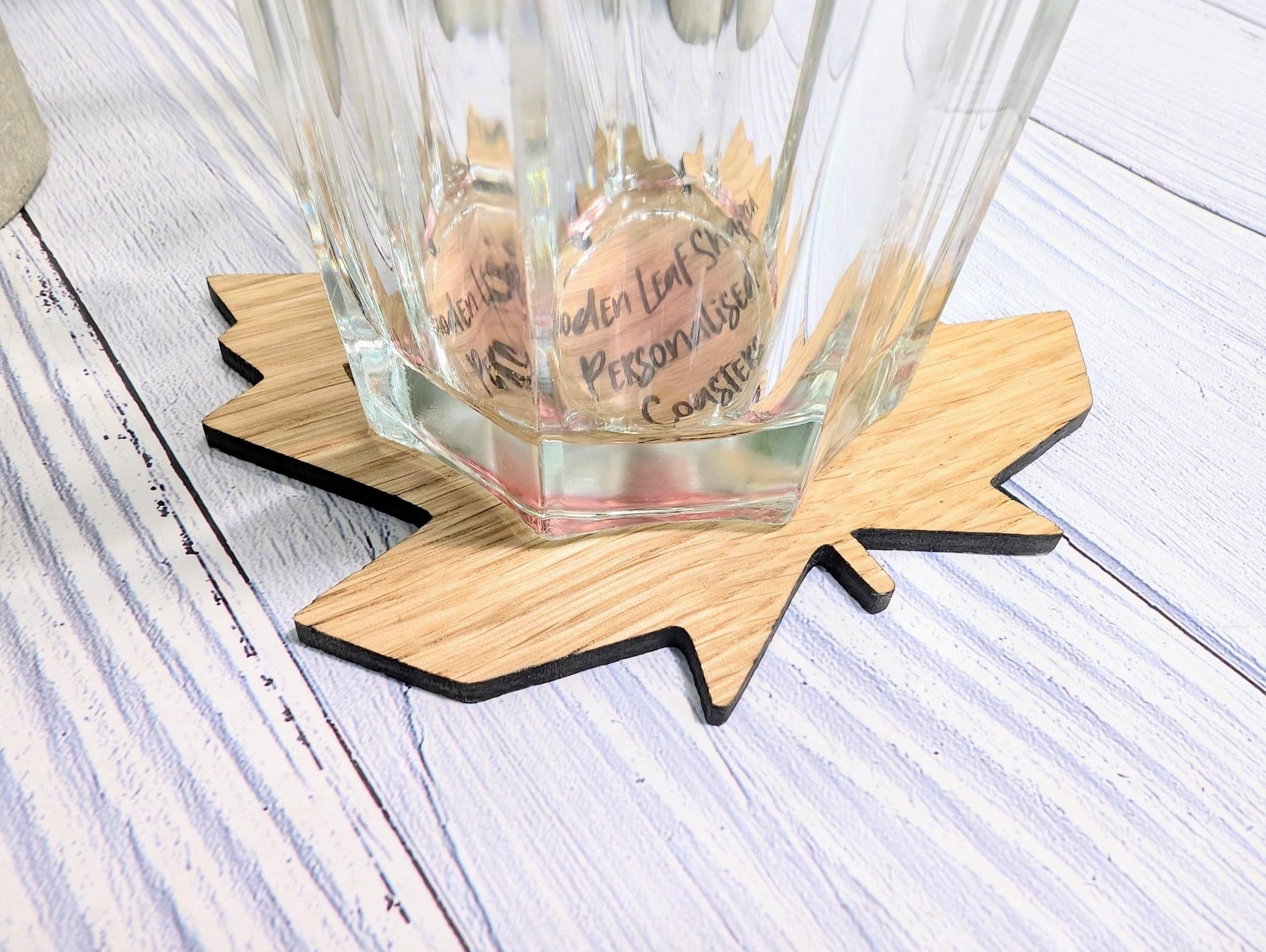 Leaf Shaped Wooden Coasters - Personalised Text – Eco - Friendly Gift, Custom Message – Bespoke Sustainable Craft, 115mm Diameter, Oak Wood - CherryGroveCraft