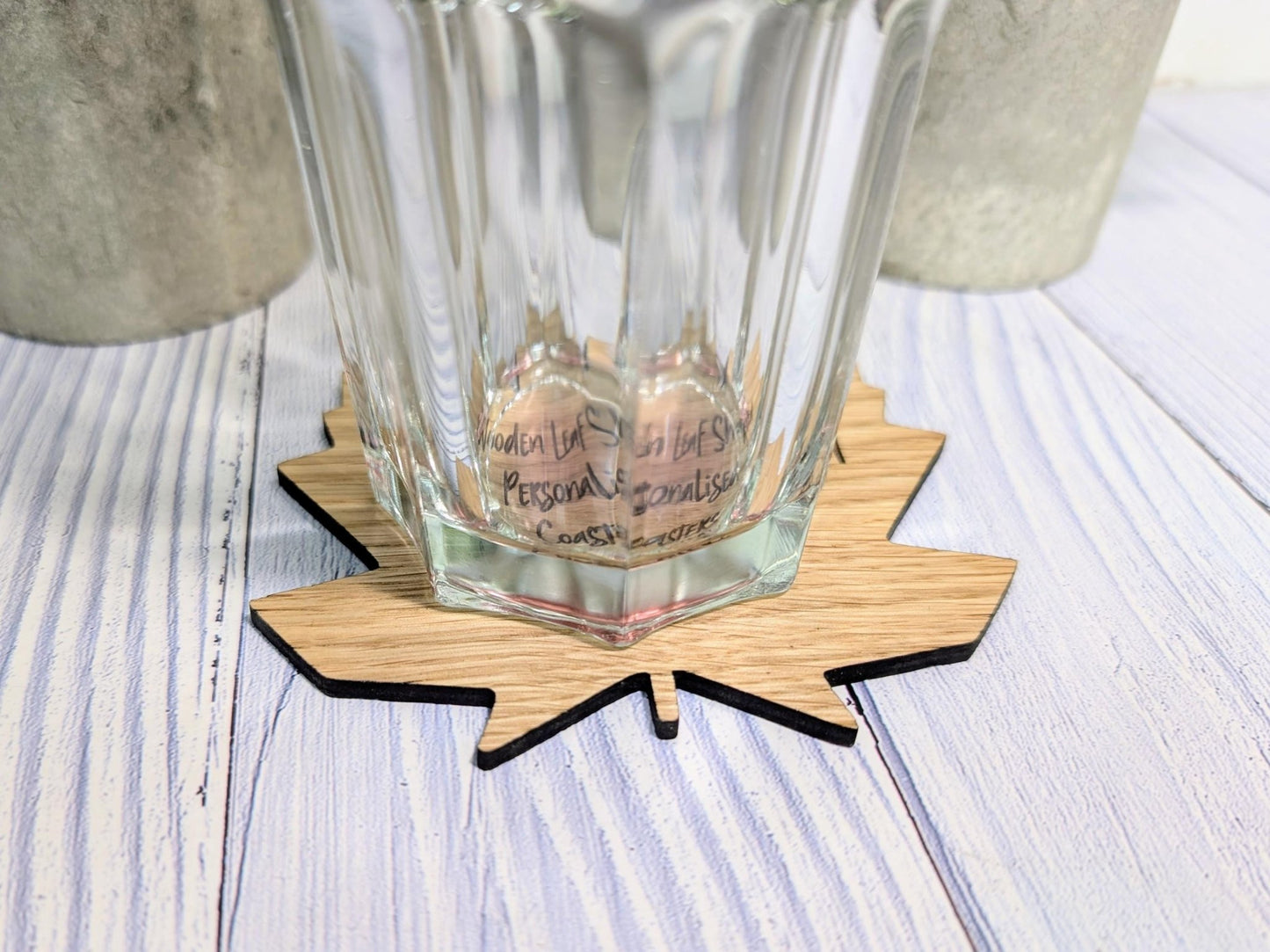 Leaf Shaped Wooden Coasters - Personalised Text – Eco - Friendly Gift, Custom Message – Bespoke Sustainable Craft, 115mm Diameter, Oak Wood - CherryGroveCraft