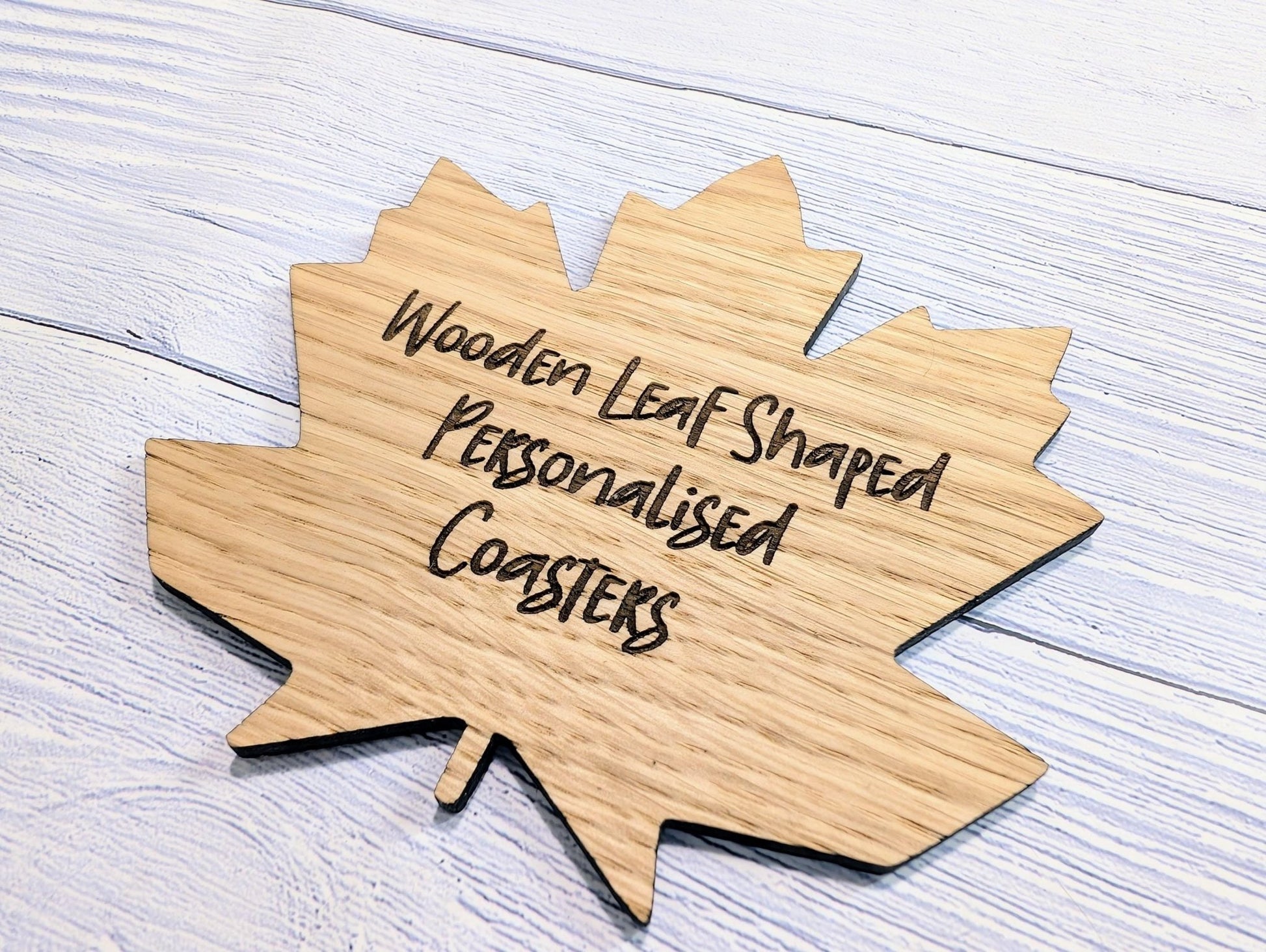 Leaf Shaped Wooden Coasters - Personalised Text – Eco - Friendly Gift, Custom Message – Bespoke Sustainable Craft, 115mm Diameter, Oak Wood - CherryGroveCraft