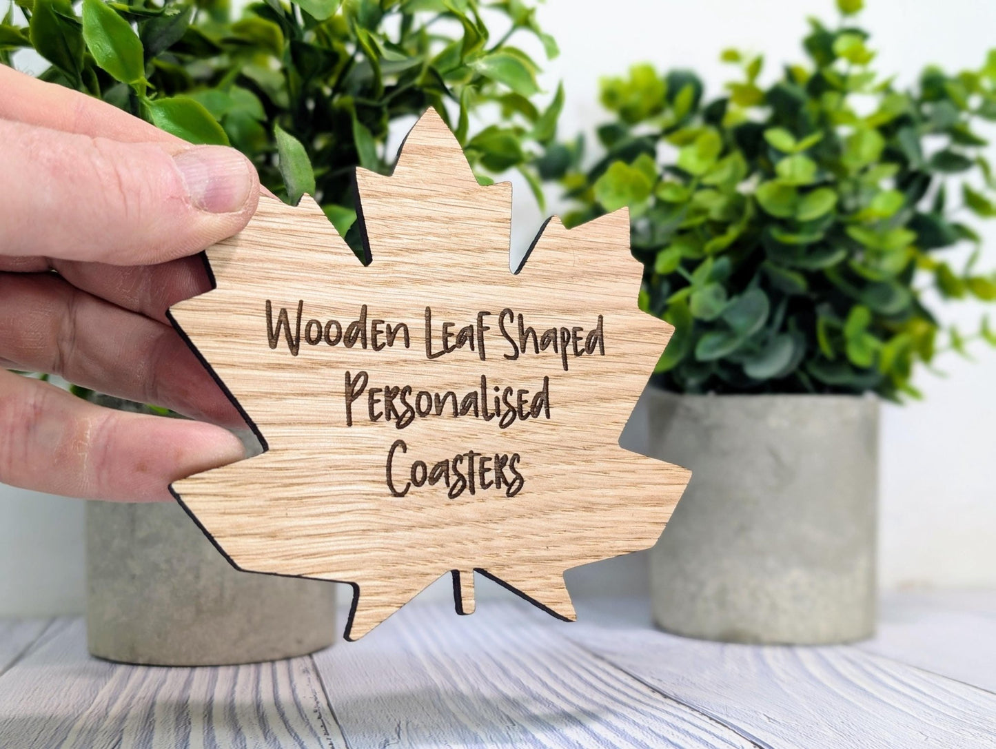 Leaf Shaped Wooden Coasters - Personalised Text – Eco - Friendly Gift, Custom Message – Bespoke Sustainable Craft, 115mm Diameter, Oak Wood - CherryGroveCraft