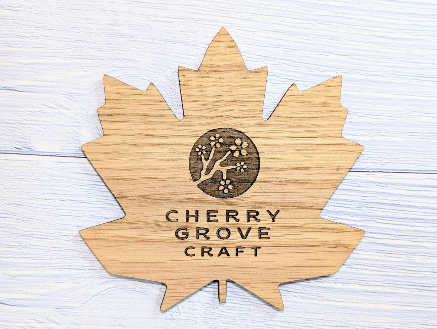 Leaf Shaped Wooden Logo Coasters - Personalised – Eco - Friendly Gift, Custom Branded – Bespoke Sustainable Craft, 115mm Diameter, Oak Wood - CherryGroveCraft