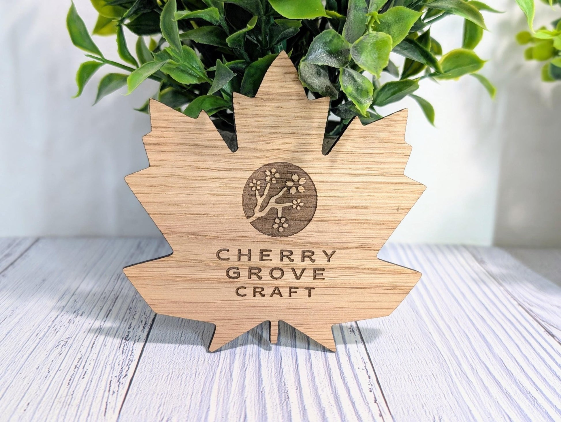 Leaf Shaped Wooden Logo Coasters - Personalised – Eco - Friendly Gift, Custom Branded – Bespoke Sustainable Craft, 115mm Diameter, Oak Wood - CherryGroveCraft