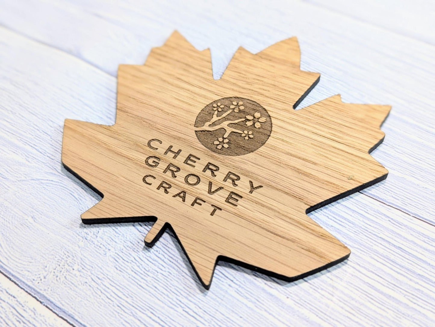 Leaf Shaped Wooden Logo Coasters - Personalised – Eco - Friendly Gift, Custom Branded – Bespoke Sustainable Craft, 115mm Diameter, Oak Wood - CherryGroveCraft