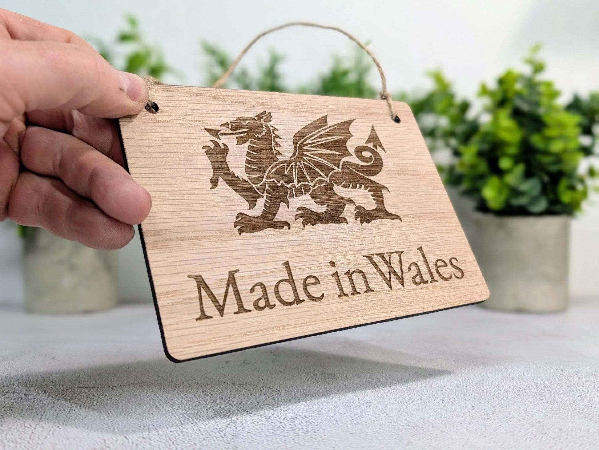 Made in Wales Hanging Sign – Oak Veneered Wooden Plaque with Welsh Dragon, Handmade in Wales, Plastic - Free Packaging - 4 Sizes - CherryGroveCraft