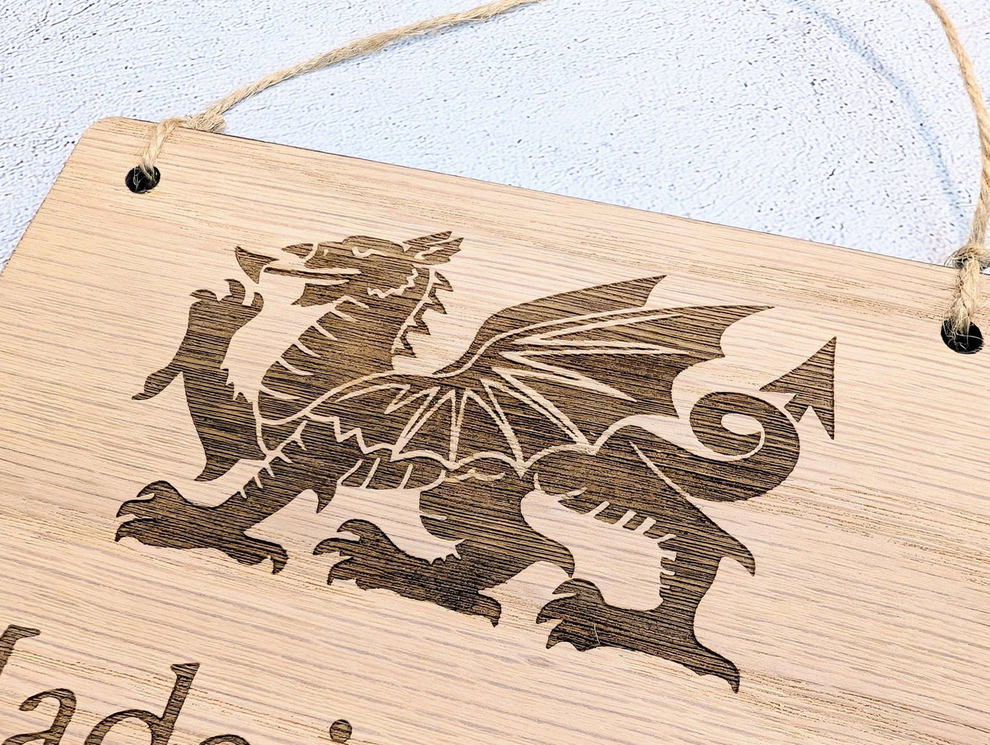 Made in Wales Hanging Sign – Oak Veneered Wooden Plaque with Welsh Dragon, Handmade in Wales, Plastic - Free Packaging - 4 Sizes - CherryGroveCraft