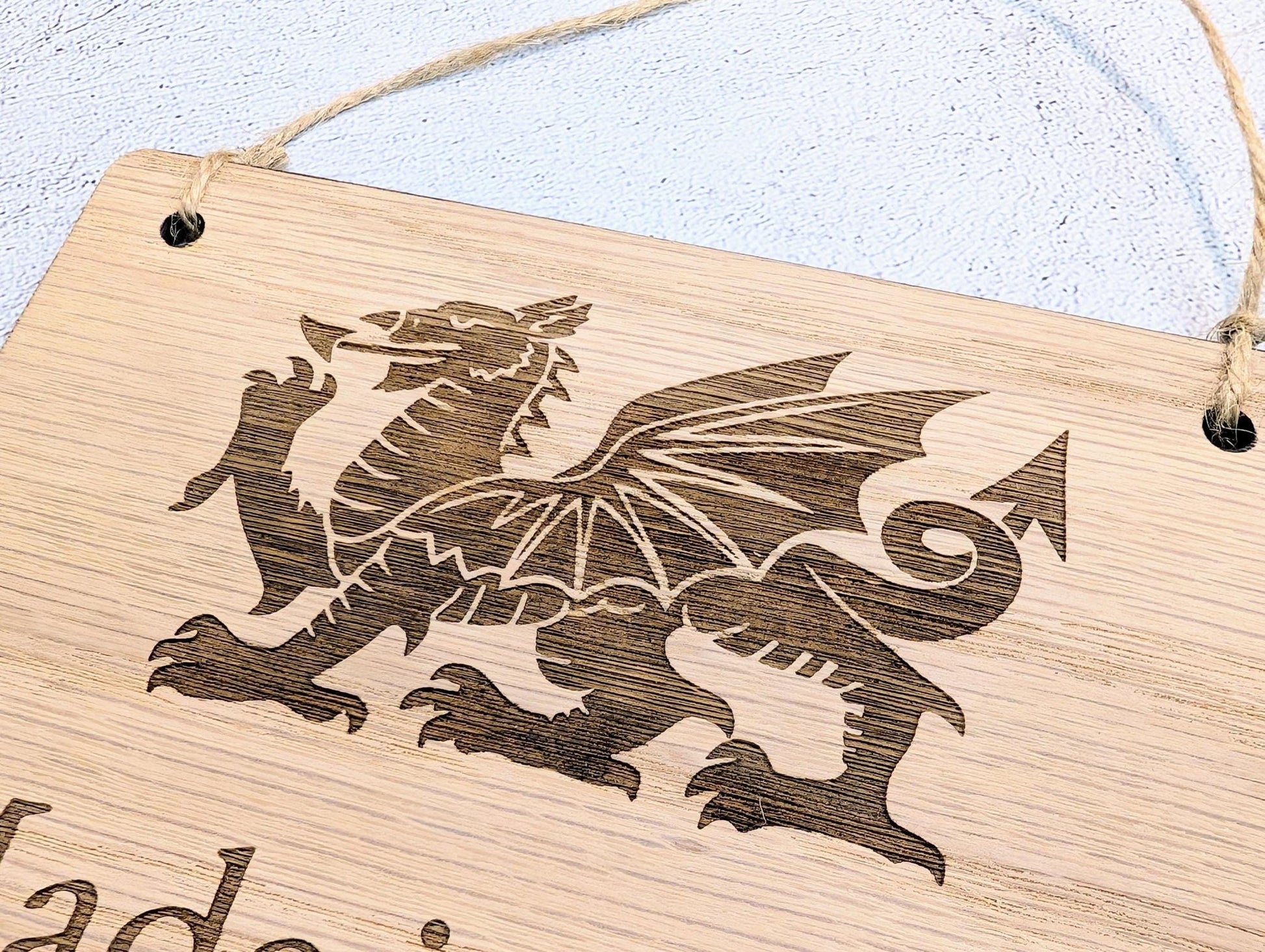 Made in Wales Hanging Sign – Oak Veneered Wooden Plaque with Welsh Dragon, Handmade in Wales, Plastic - Free Packaging - 4 Sizes - CherryGroveCraft